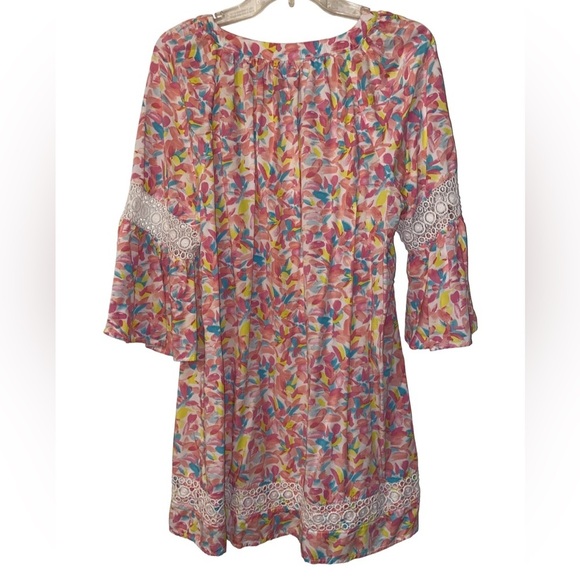 CROWN & IVY Whimsical Spring Mini Dress Bell Sleeves PNK/MLT SZ Petite X-LARGE - Picture 2 of 6